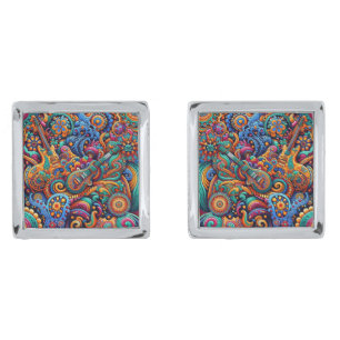 Psychedelic Batik Guitar Art–Colorful Retro Music Cufflinks