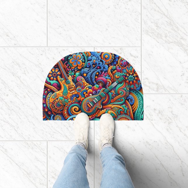 Psychedelic Batik Guitar Art–Colorful Retro Music Doormat (Indoor)