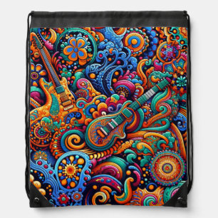 Psychedelic Batik Guitar Art–Colorful Retro Music Drawstring Bag