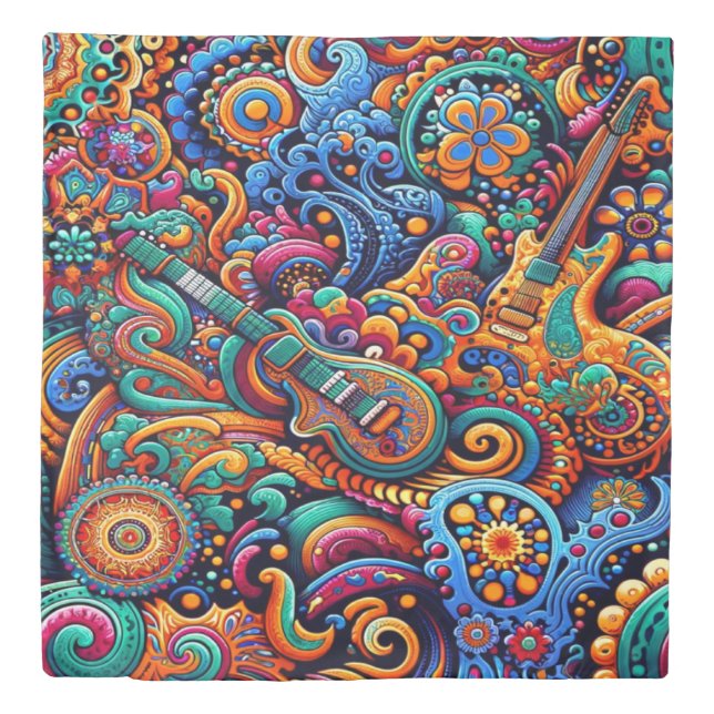 Psychedelic Batik Guitar Art–Colorful Retro Music Duvet Cover (Front)