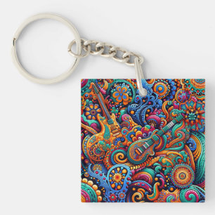 Psychedelic Batik Guitar Art–Colorful Retro Music Keychain