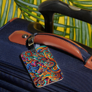 Psychedelic Batik Guitar Art–Colorful Retro Music Luggage Tag