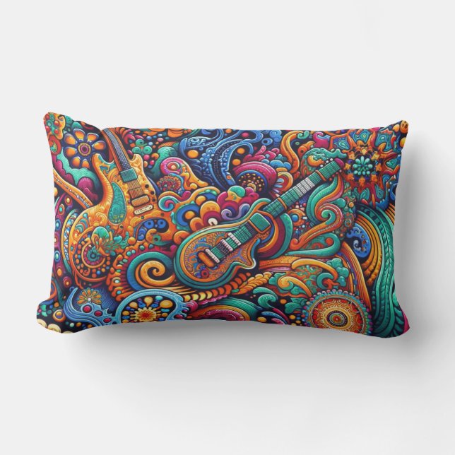 Psychedelic Batik Guitar Art–Colorful Retro Music Lumbar Pillow (Front)