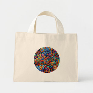 Psychedelic Batik Guitar Art–Colorful Retro Music  Mini Tote Bag