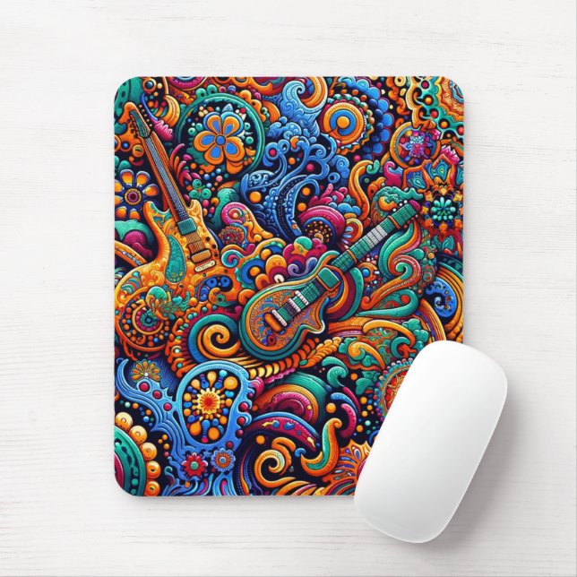 Psychedelic Batik Guitar Art–Colorful Retro Music Mouse Pad (With Mouse)