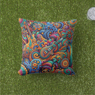 Psychedelic Batik Guitar Art–Colorful Retro Music Outdoor Pillow