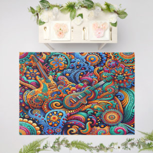 Psychedelic Batik Guitar Art–Colorful Retro Music Outdoor Rug