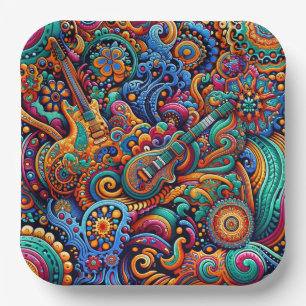 Psychedelic Batik Guitar Art–Colorful Retro Music Paper Plates