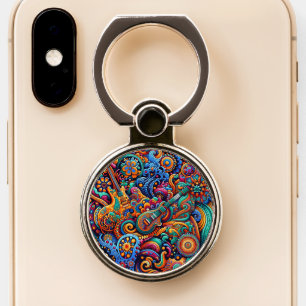 Psychedelic Batik Guitar Art–Colorful Retro Music Phone Ring Stand