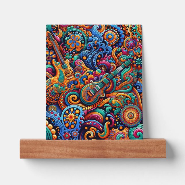 Psychedelic Batik Guitar Art–Colorful Retro Music Picture Ledge (Front)