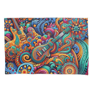 Psychedelic Batik Guitar Art–Colorful Retro Music Pillow Case