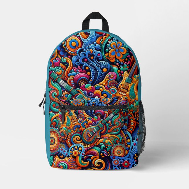 Psychedelic Batik Guitar Art–Colorful Retro Music Printed Backpack (Front)