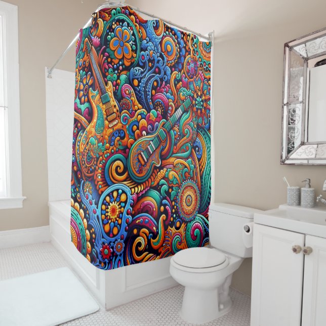 Psychedelic Batik Guitar Art–Colorful Retro Music Shower Curtain (In Situ)