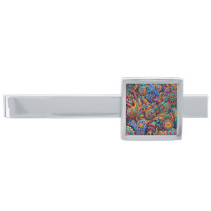 Psychedelic Batik Guitar Art–Colorful Retro Music Silver Finish Tie Bar