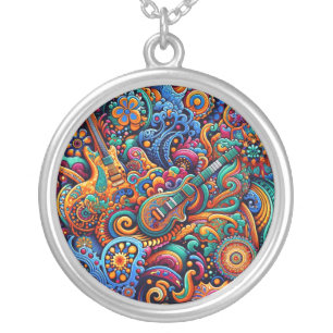 Psychedelic Batik Guitar Art–Colorful Retro Music Silver Plated Necklace
