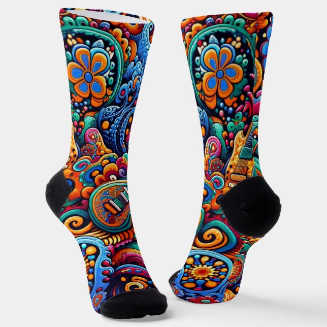 Psychedelic Batik Guitar Art–Colorful Retro Music Socks (Angled)