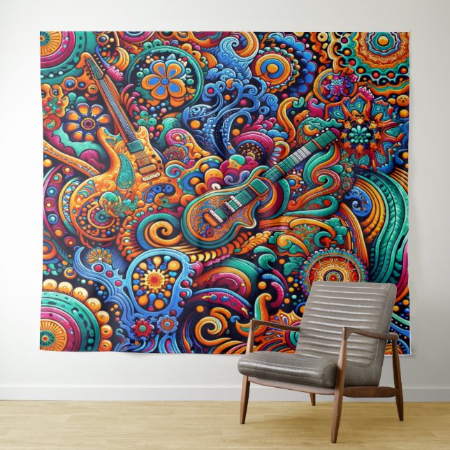 Psychedelic Batik Guitar Art–Colorful Retro Music Tapestry (In Situ (Horizontal))