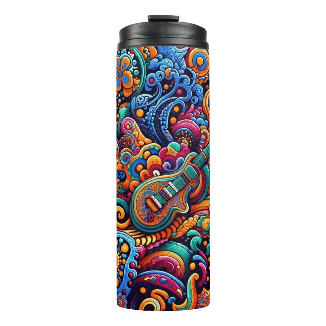 Psychedelic Batik Guitar Art–Colorful Retro Music Thermal Tumbler (Front)