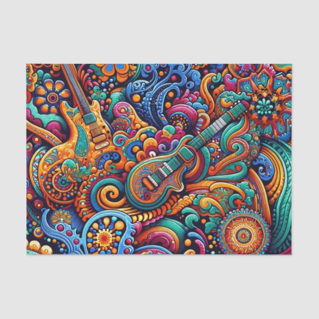Psychedelic Batik Guitar Art–Colorful Retro Music Tissue Paper (Front)