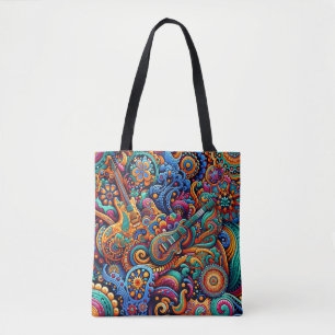 Psychedelic Batik Guitar Art–Colorful Retro Music  Tote Bag