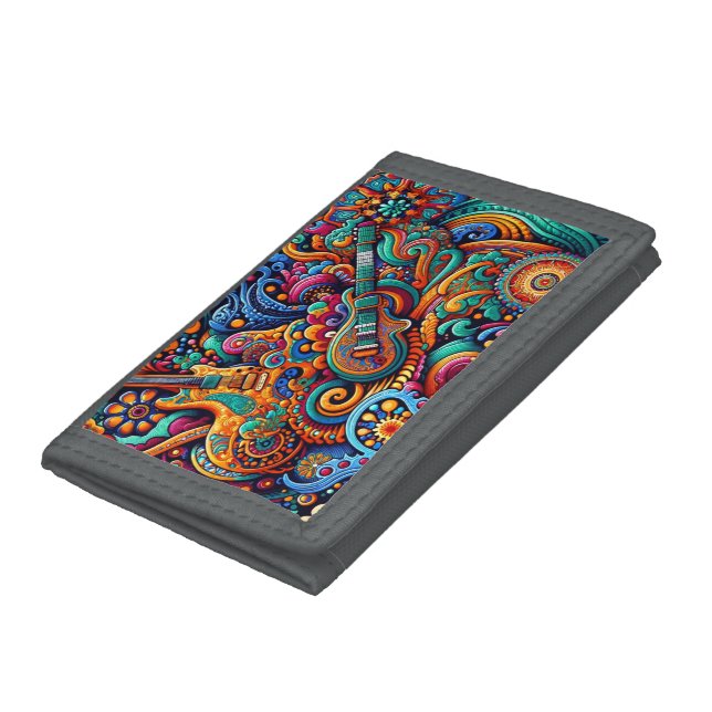 Psychedelic Batik Guitar Art–Colorful Retro Music  Trifold Wallet (Bottom)
