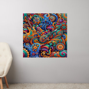 Psychedelic Batik Guitar Art–Colorful Retro Music Wall Decal