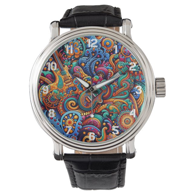 Psychedelic Batik Guitar Art–Colorful Retro Music Watch (Front)