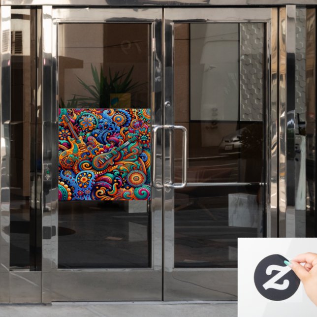 Psychedelic Batik Guitar Art–Colorful Retro Music Window Cling (Office Door)