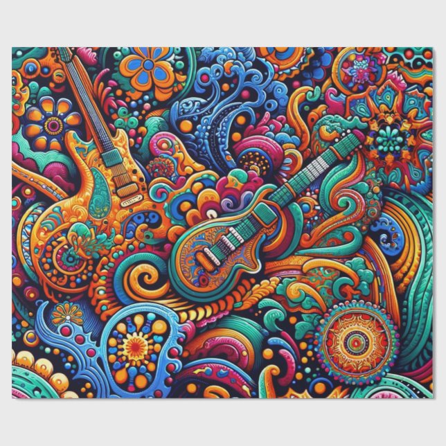 Psychedelic Batik Guitar Art–Colorful Retro Music  Wrapping Paper (Flat)
