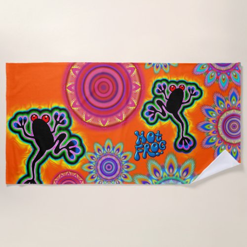 Psychedelic Beach Towel Hot Frog Surf Orange