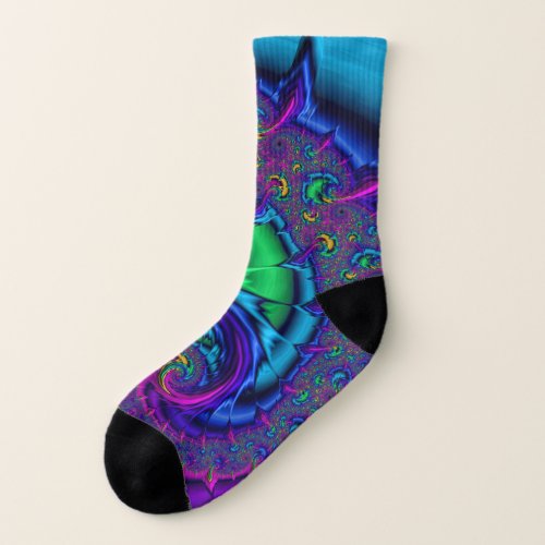 Psychedelic Blue Green Peacock Colorful Fractal Socks