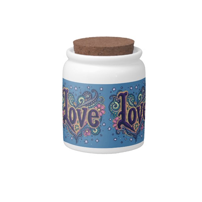 Psychedelic Boho Love Lettering with Floral Accent Candy Jar (Front)