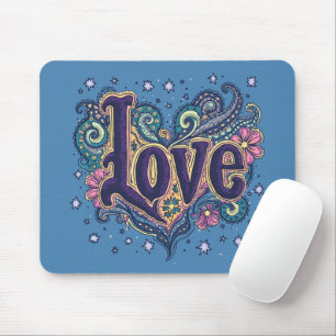 Psychedelic Boho Love Lettering with Floral Accent Mouse Pad
