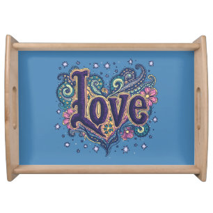 Psychedelic Boho Love Lettering with Floral Accent Serving Tray
