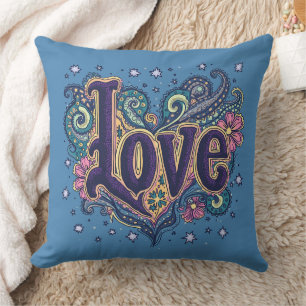 Psychedelic Boho Love Lettering with Floral Throw Pillow