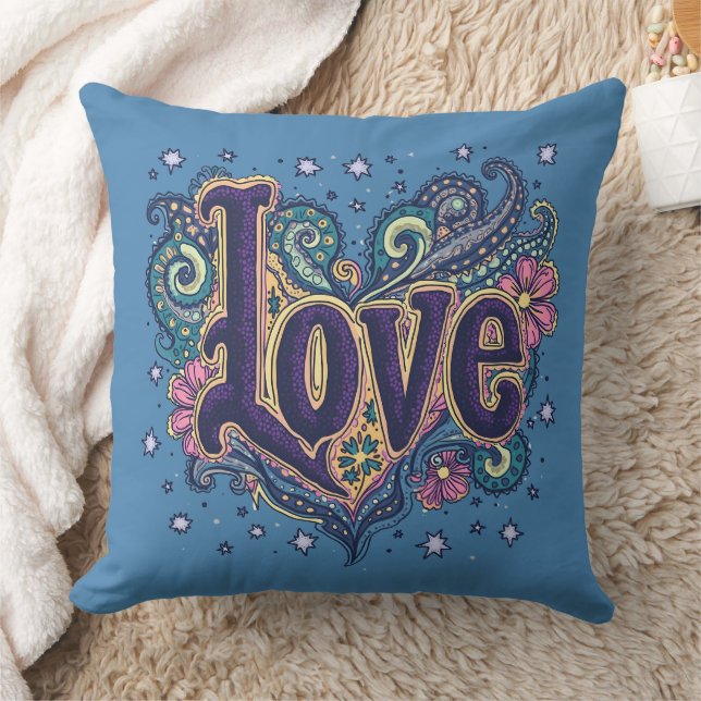 Psychedelic Boho Love Lettering with Floral Throw Pillow (Blanket)