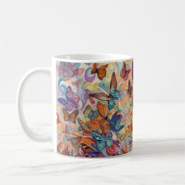 Psychedelic butterflies flowers colorful energetic coffee mug (Left)
