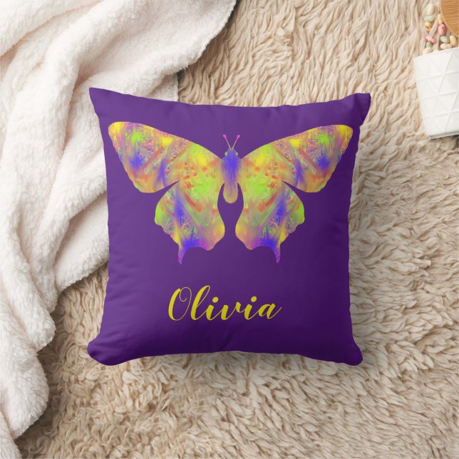 Psychedelic Butterfly pattern personalized purple Throw Pillow (Blanket)