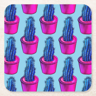 Psychedelic Cactus - Trippy Plant Lover Art Square Paper Coaster