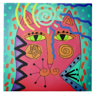 Psychedelic Cat Abstract Painting Ceramic Tile
