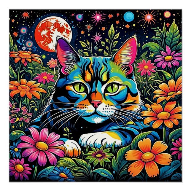 Psychedelic Cat among flowers Poster (Front)