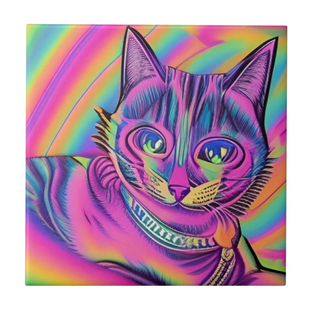 Psychedelic cat colorful purple fuchsia yellow ceramic tile (Front)