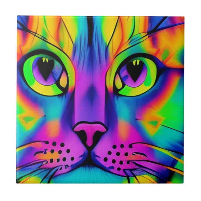 Psychedelic cat colorful purple fuschia green ceramic tile (Front)
