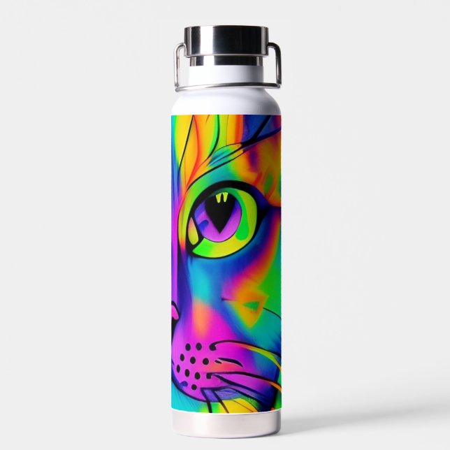 Psychedelic cat colorful purple fuschia green water bottle (Back)