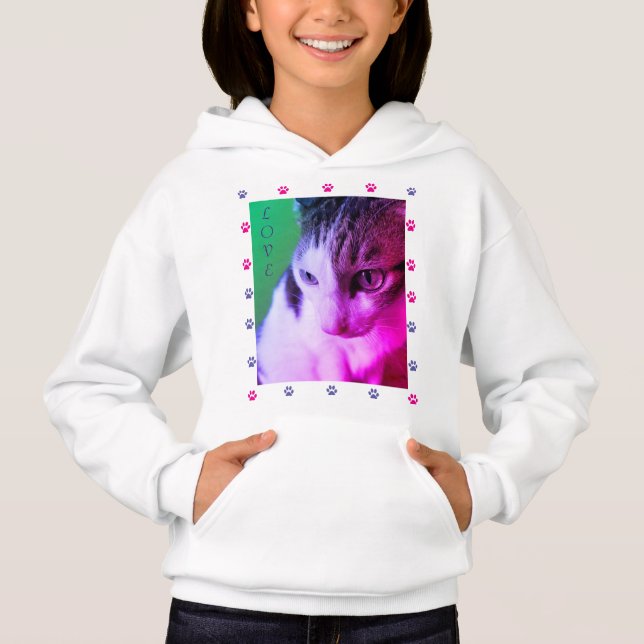 Psychedelic Cat pink purple paw prints circle, A Hoodie (Front)