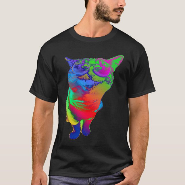 Psychedelic Cat Sunglasses Trippy Psytrance Cat Co T-Shirt (Front)