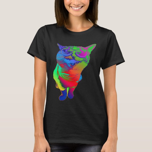 Psychedelic Cat Sunglasses Trippy Psytrance Cat Co T-Shirt (Front)