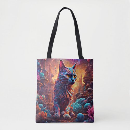 psychedelic cat tote bag