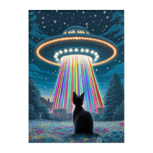 Psychedelic Cat & UFO Funny Alien Abduction Art
