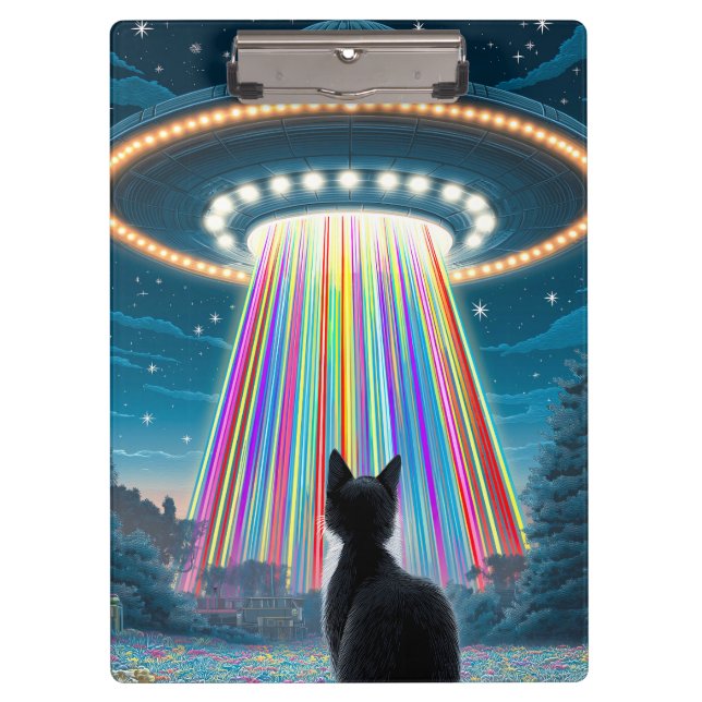 Psychedelic Cat & UFO | Funny Alien Abduction Art Clipboard (Front)